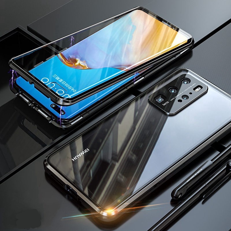 Untuk Huawei Mate 30 P30 P40 Pro+ Telepon Kasus, Kaca Dua Sisi 360 Penutup Magnetic Adsorption Metal