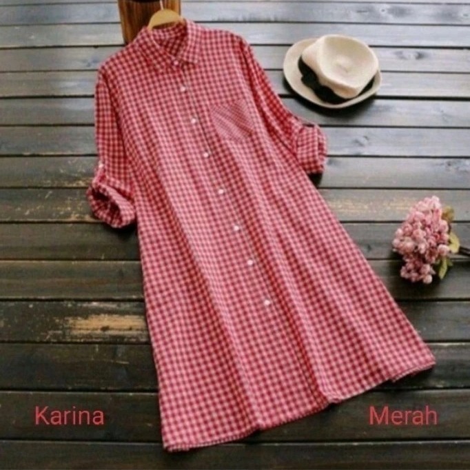 Kemeja Tunik Wanita Terbaru Bahan Katun Warna Merah Putih Hitam dan Navy - Baju Tunik Wanita Nadira 