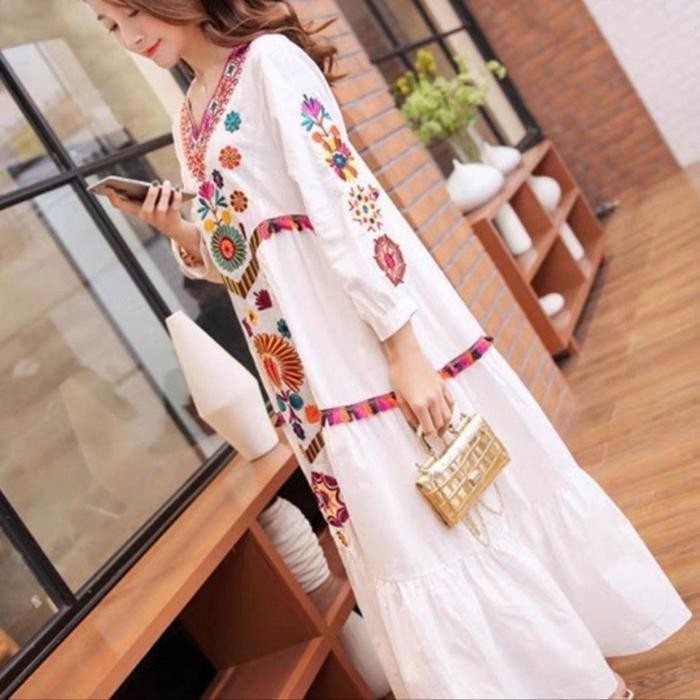 [ Dely Boho Maxi Dress ] Fit Size M-XL Fashion Gaun Wanita Bordir Casual Outfit Kasual Sopan Simpel 