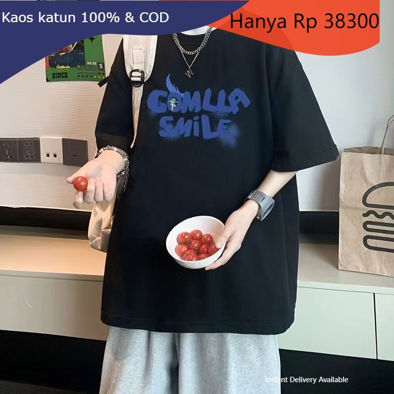 Kaos Pria Musim Panas Gaya Olahraga Korea Fashion Sederhana Huruf Cetak Katun Lembut Menyerap Kering