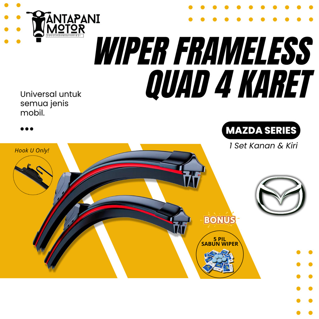 Wiper Mobil MAZDA QUAD Tanpa Rangka Besi / Full Karet Satu Pasang Kiri Kanan Untuk Kaca Depan / Wind