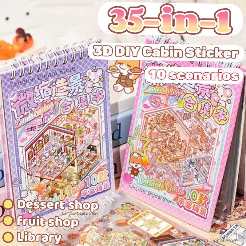 

35 in1 Cartoon Landscape Scen Sticker Book DIY 3D Pocket Cabin Scene Pocket Sticker Festival Birthday Gift To Student Kid Gift