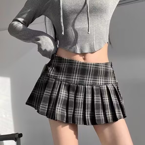 Rok wanita gaya Korea rok mini a-line rok kotak-kotak rok lipit JK