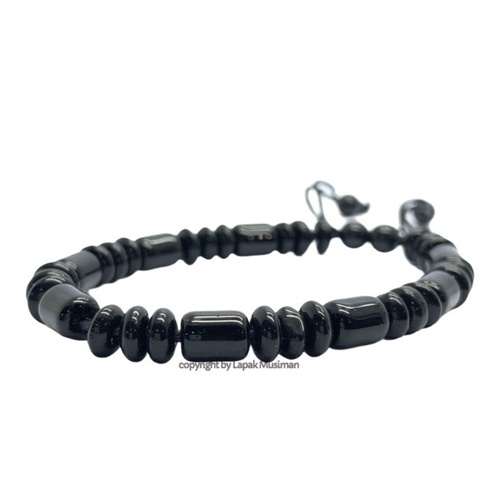 Gelang Batu Giok Hitam China Asli Tabung 3 Pipih Gelang Tali Pria