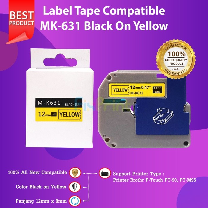 

FixPrint Label Tape 12mm MK-231 MK-531 MK-631 MK-731 MK-931 Black On Yellow PT-M95 PT-90 Compatible
