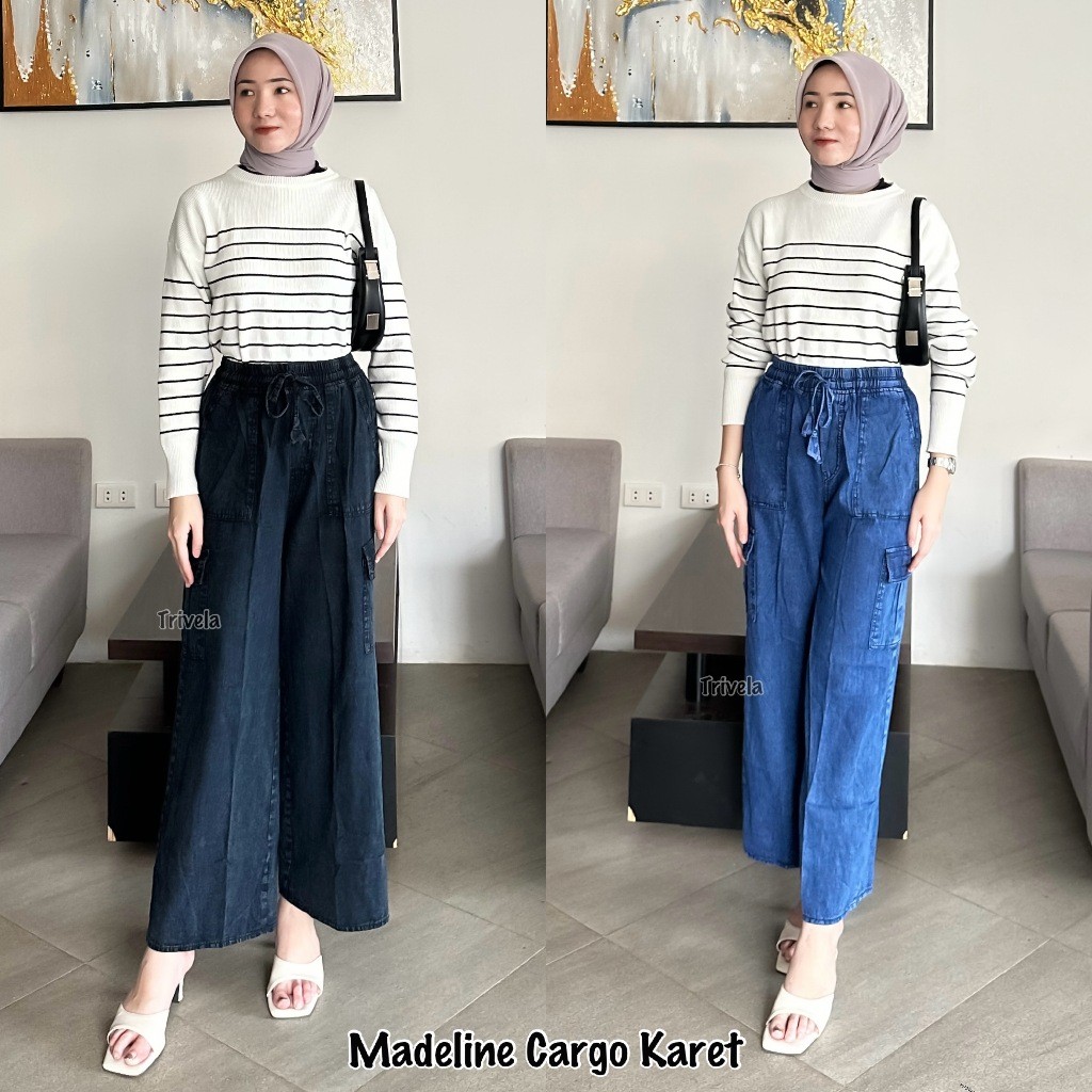 Kulot Cargo Denim Pinggang Karet Wanita | Celana Denim Pinggang Karet | Cargo Jeans Denim / MADELINE