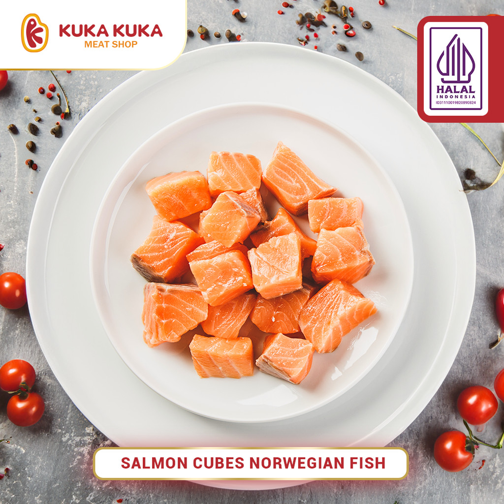 

Ikan Salmon Cubes - Skin On Frozen Salmon Import Norway 250gram
