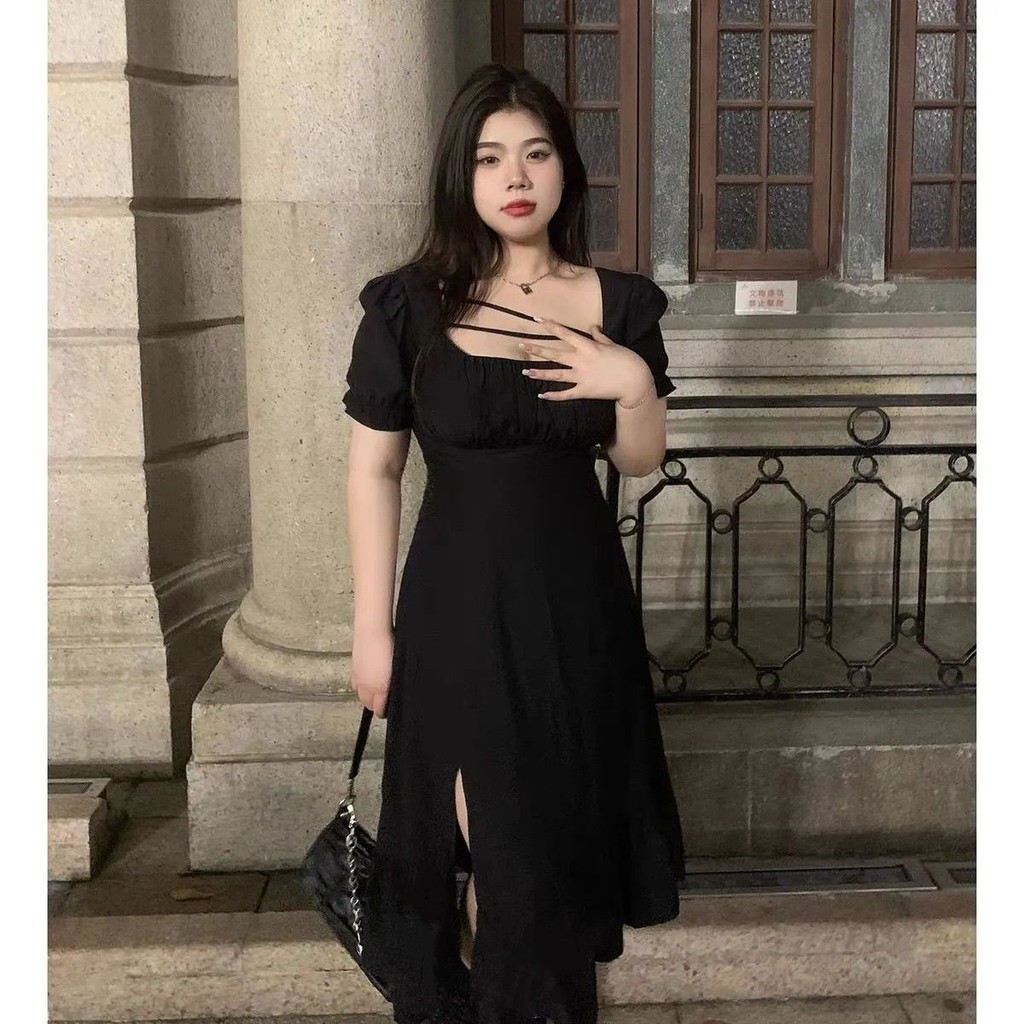 Dress Jumbo Wanita Gaun Big Size Korea Hitam Seksi Belahan Samping Menurunkan Model Terbaru