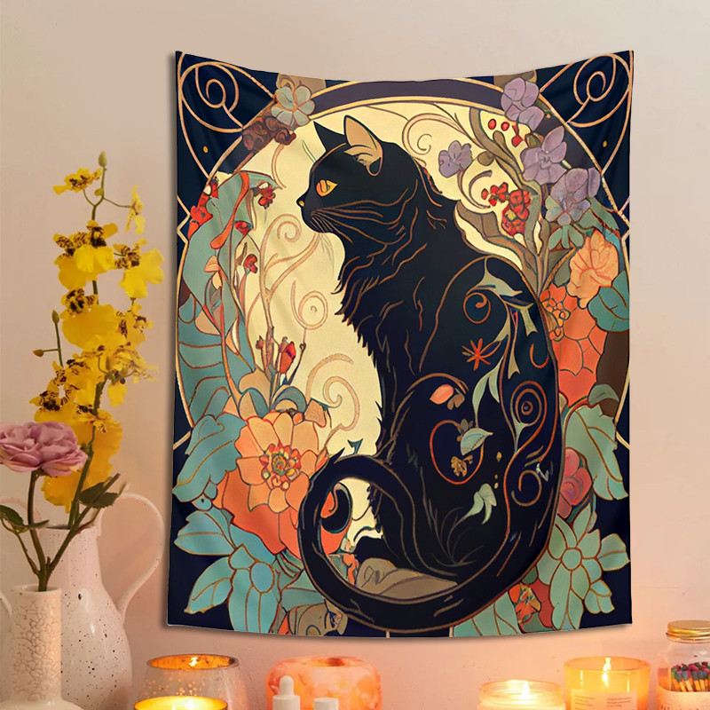 

Psychedelic Black Cat Tapestry Wall Hanging Rose and Sunbeam Art Nouveau Floral Wall Art Animal Cat Lovers Gift Home Decor