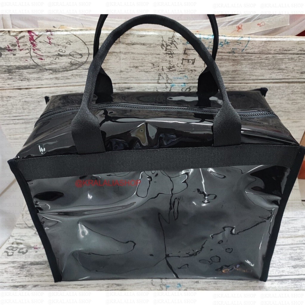 Tas tote Mika transparant Hitam glossy fashion mewah resleting full tali webing tebal