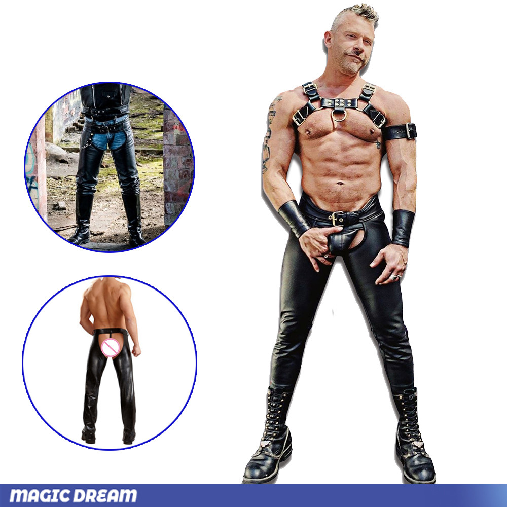 Men Cowboy Wetlook Pants With Thongs Leather Pants Sleeves Sexy Ass-less Chap Men Moto Pants Cool Ou