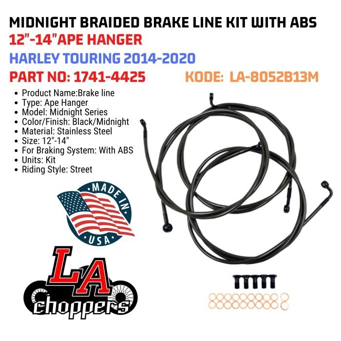 BRAKE LINE KIT SELANG REM LA CHOPPERS MIDNIGHT BRAIDED WITH ABS TOURING 2014 2020 12"-14" 1741-4425