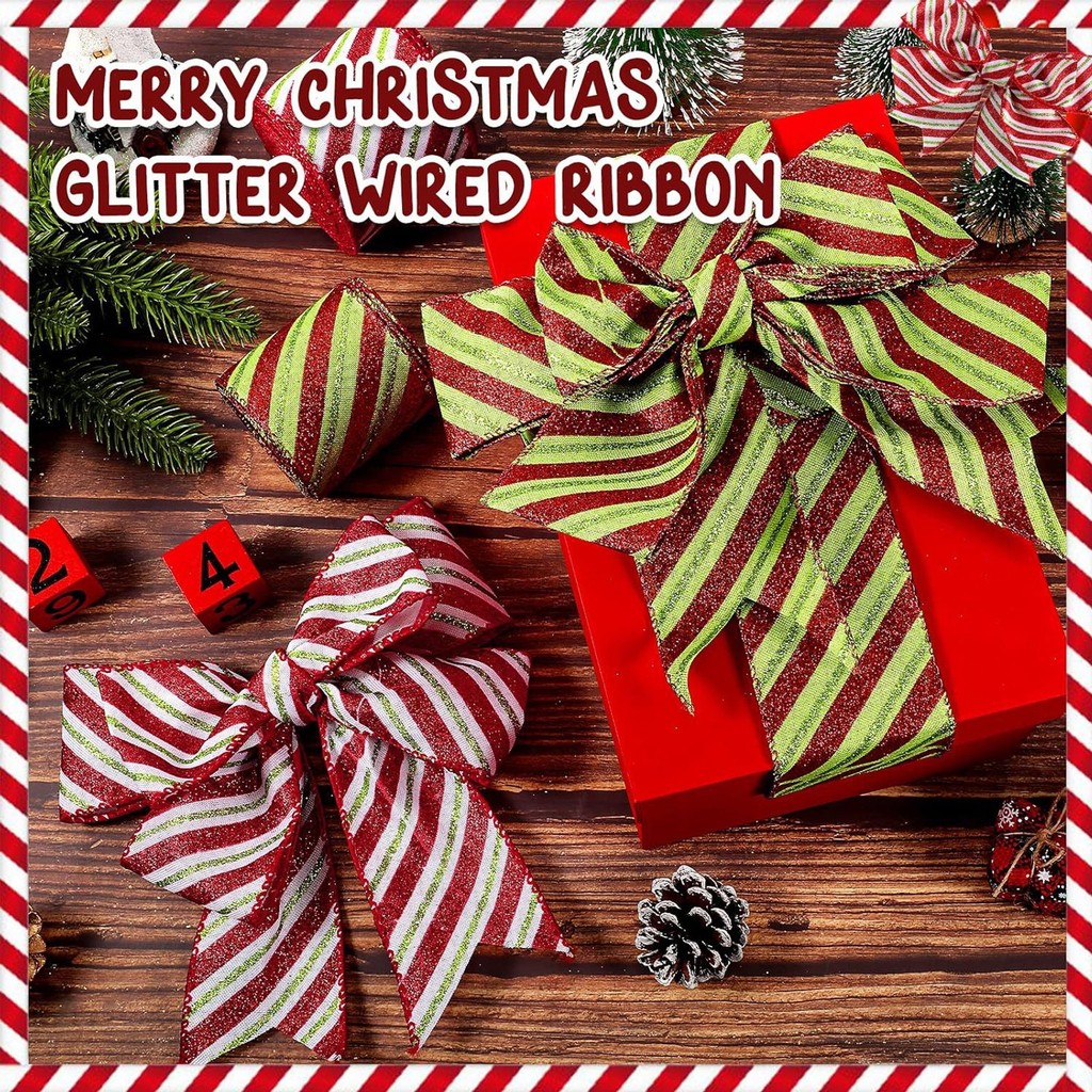 

2.5 Inch Christmas Red And Green Striped Glitter Ribbon For Family Party Handmade Bow New Year 2025 DIY Craft Gift Packing