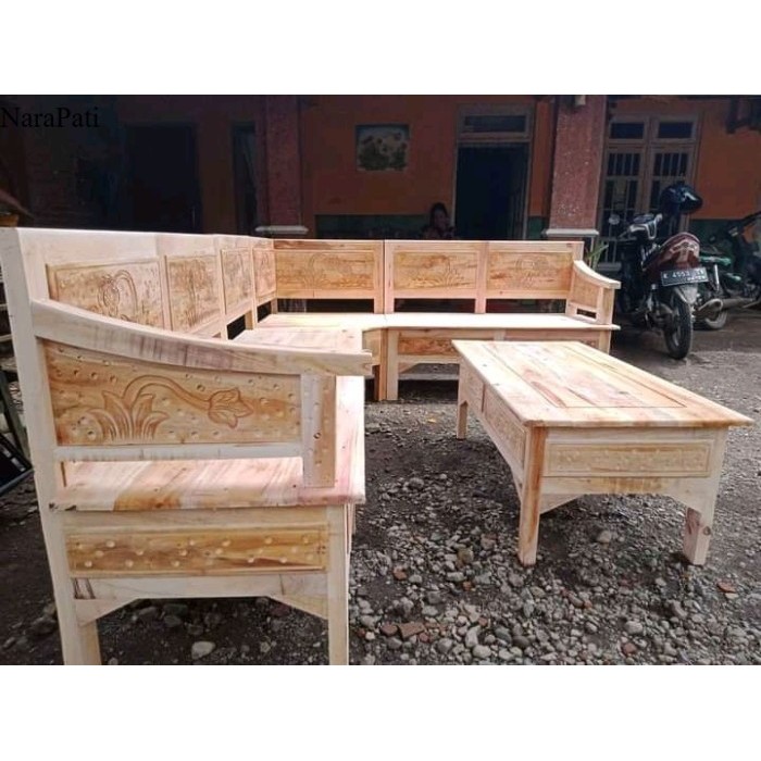 Set kursi sudut kayu kursi tamu L kursi sudut kayu minimalis - mentahan SF14