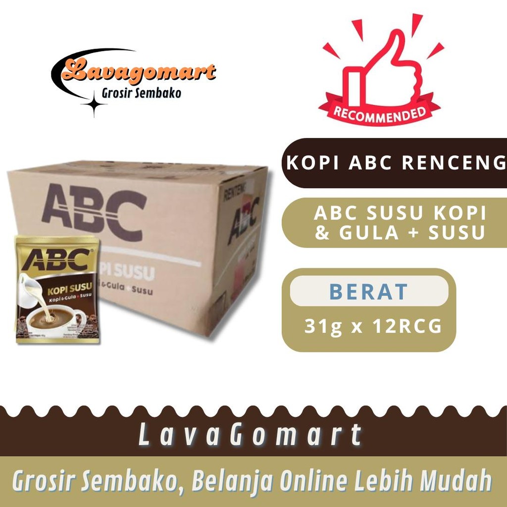 

KOPI ABC SUSU + GULA 31g - 1 DUS - LAVAGOMART - BANDUNG
