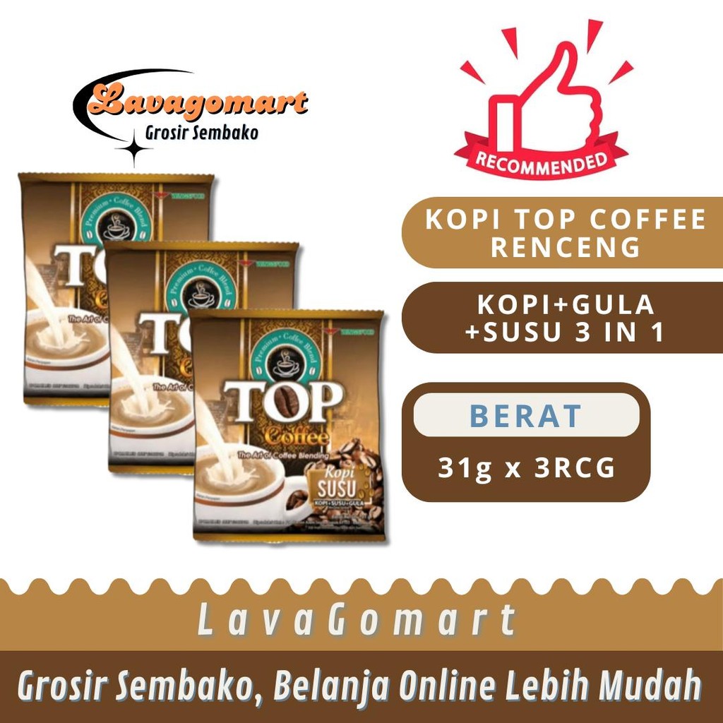 

KOPI TOP COFFEE SUSU + GULA 3 IN 1 SACHET 31g - 3 RENCENG - LAVAGOMART - BANDUNG