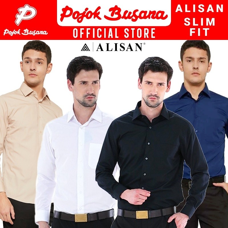 Pojok Busana Alisan Kemeja Lengan Panjang Slim Fit dan Premium Pria - Hitam Putih Biru Abu Maroon Da