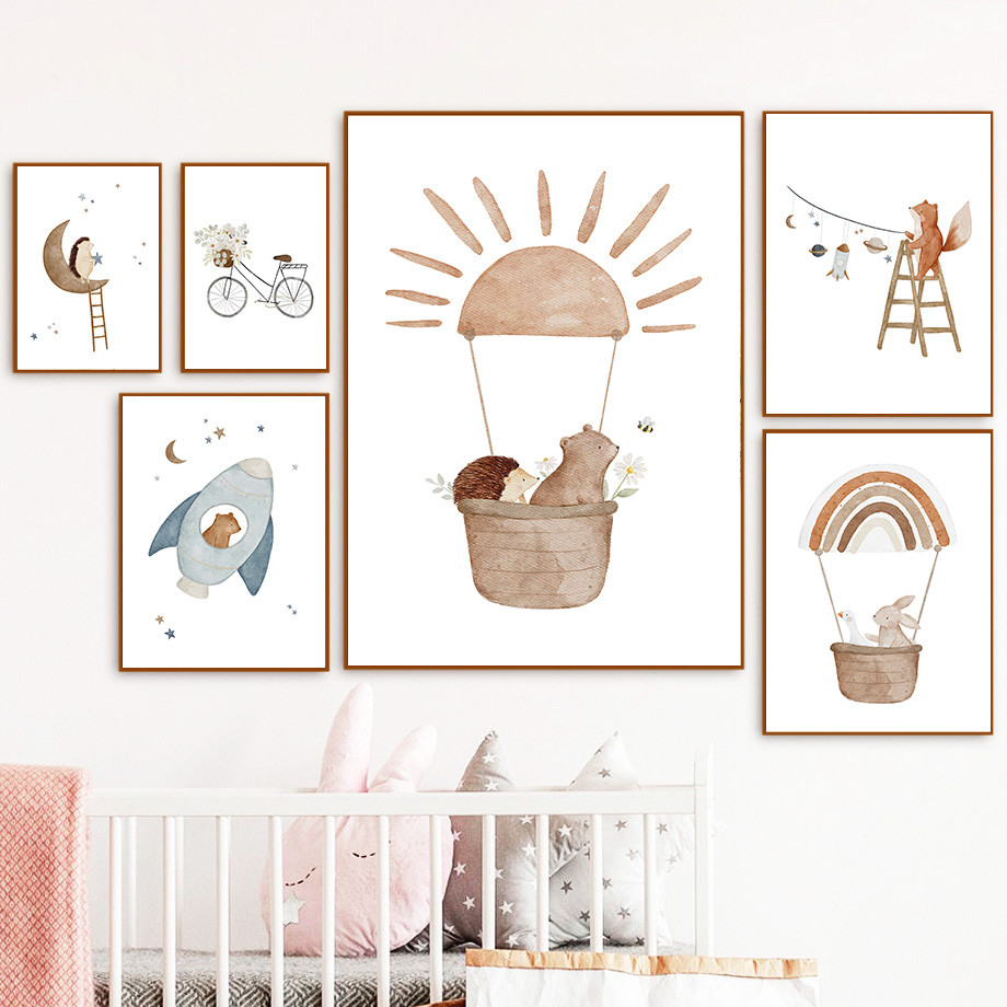 

Boho Space Rocket Bear Rabbit Hedgehog Bee Flowers Nursery Posters Wall Art Print Canvas Painting Baby Kids Room Home Decoration