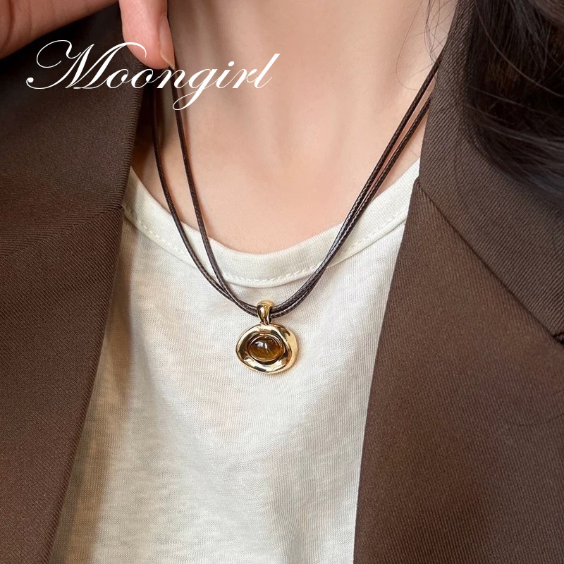 【Moongirl】Vintage Double Layer Tiger Eye Stone Leather Rope Kalung Tali Kulit Wanita Rantai Tulang S