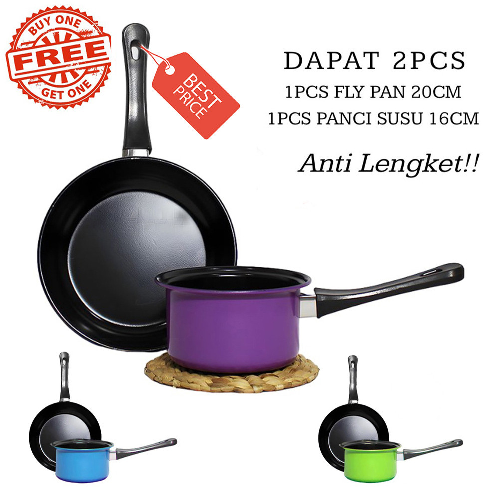 Satu Set Panci Teflon Panci Set Frypan Anti Lengket Teflon Panci Susu Teflon 2in1 Panci Wajan Gagang