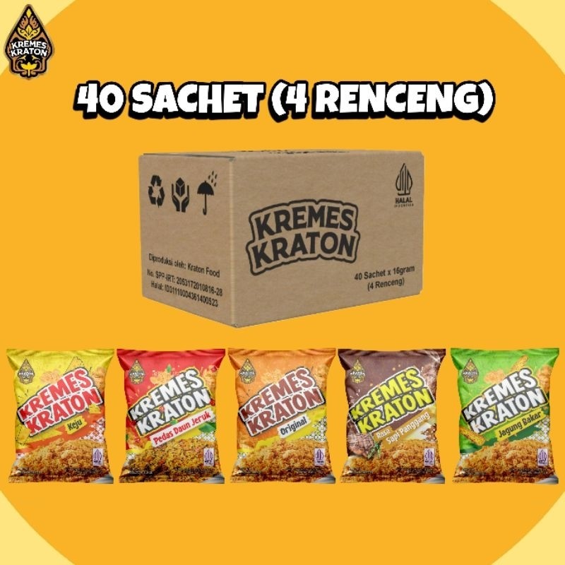 

Kremes Kraton Sachet Dus - 40 x 16g (4 Renceng) Original, Pedas Daun Jeruk, Keju, Jagung Bakar