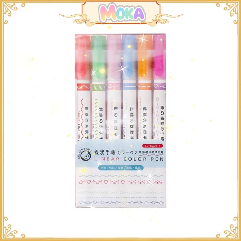 

MOKA Pulpen 1Set Isi 6Pcs Highlighter Bentuk Garis Multi Warna / Diy Highlighter Warna Pastel MKP131