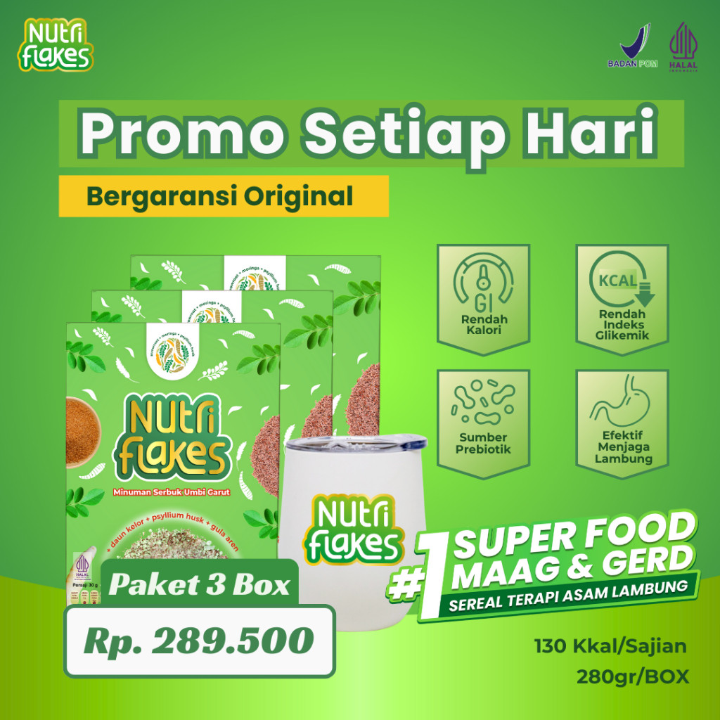 

SALE Nutriflakes Sereal Umbi Garut Asam Lambung Ampuh Mengatasi Asam Lambung Gerd, Maag 3 Box