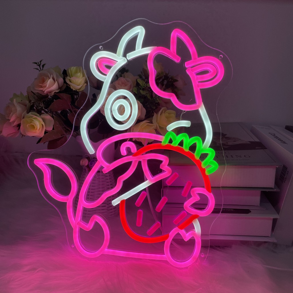Anime Food Neon Sign Custom Cute Milk Cow Sign Wall Hanging Kiten Restaurant Home Art Decor Personal
