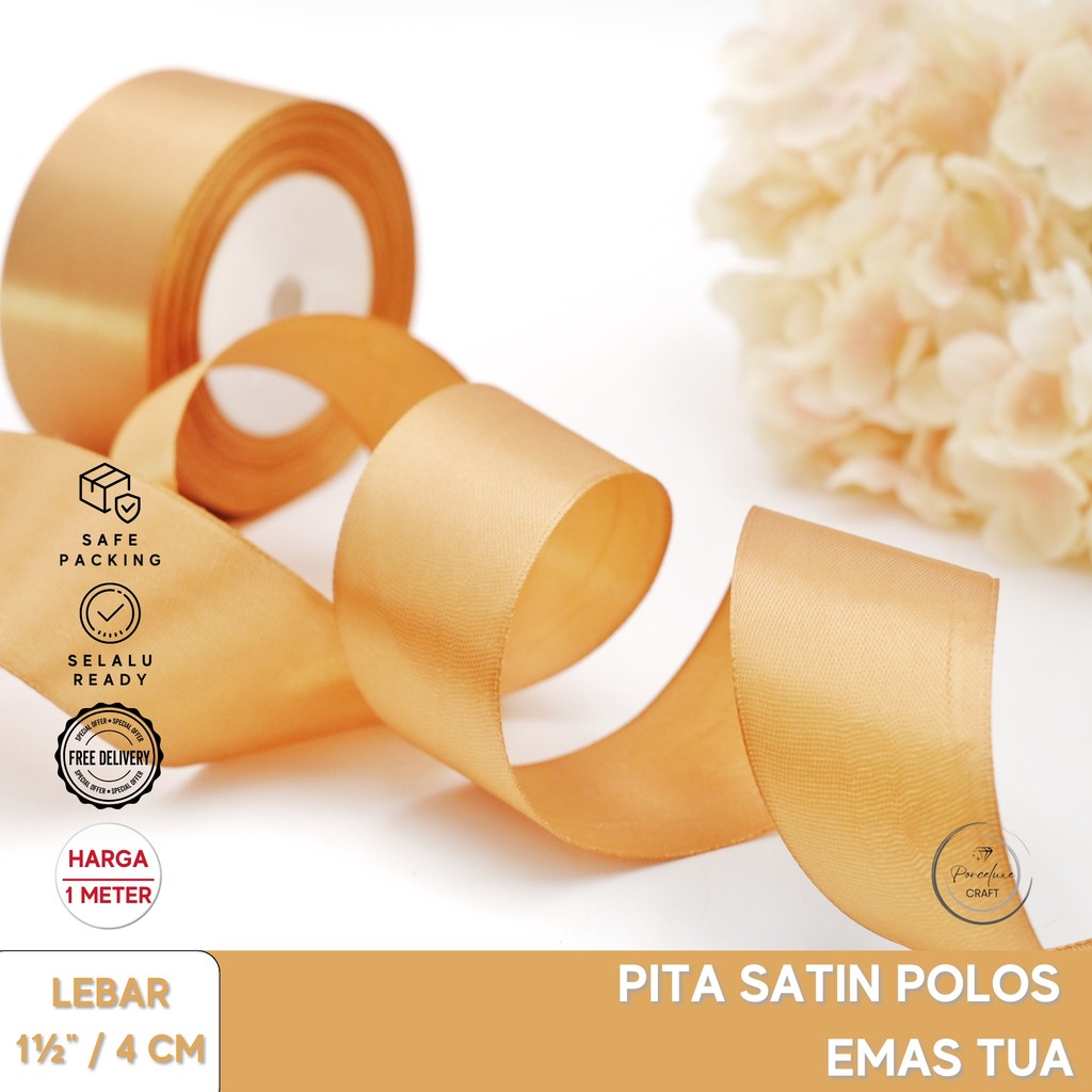 

Pita Ribbon Satin Hiasan Dekorasi Kado Hampers Polos Emas1 4 cm / 1,5 inchi Harga per Meter
