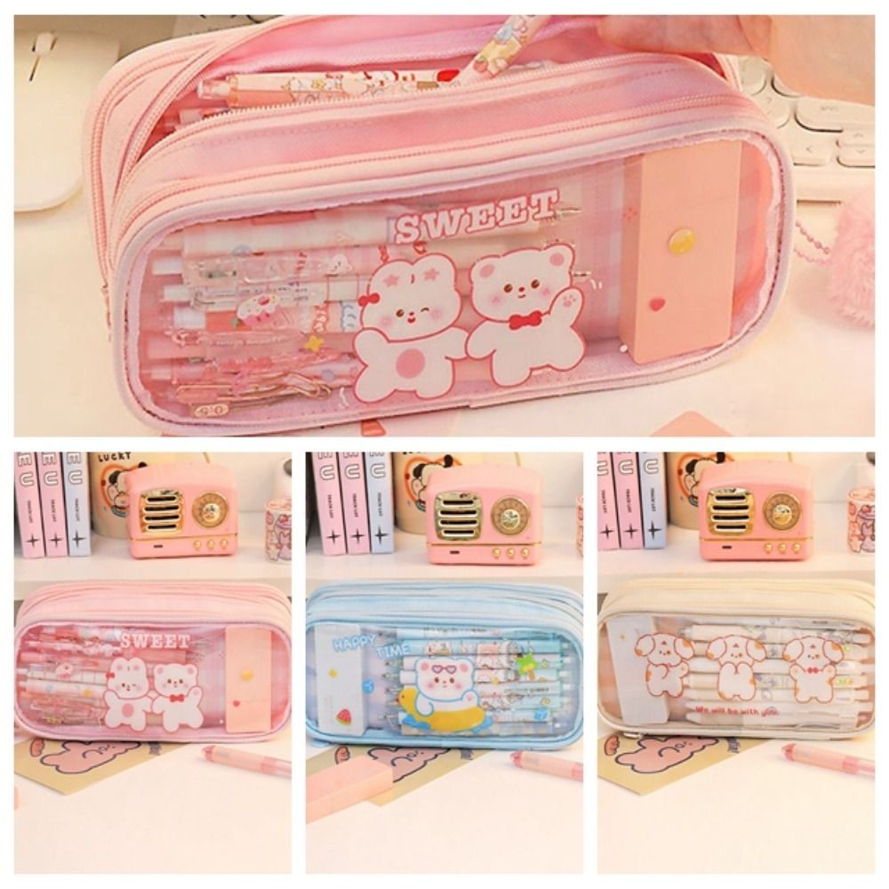 

Creative Cute Pencil Bag Cartoon Portable Stationery Box Three-layer PVC Pencil Case Student
