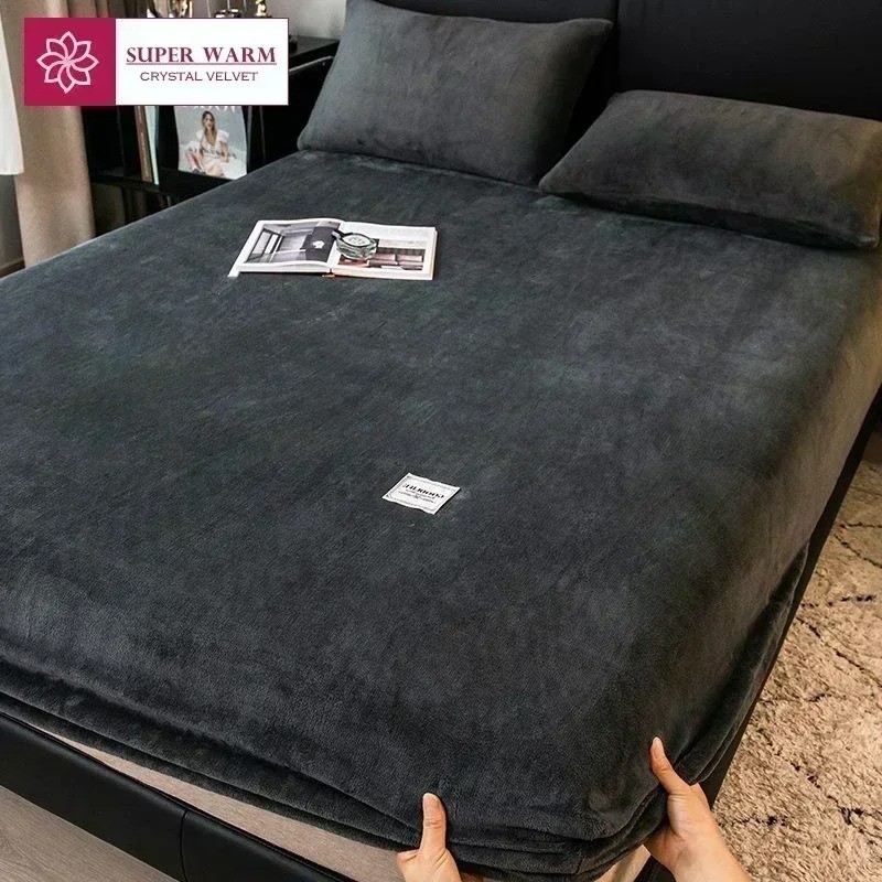 

Bed sheet set Soft warm plush fitted sheet elastic mattress cover fluffy coral fleece bed linen winter couple luxury double bed