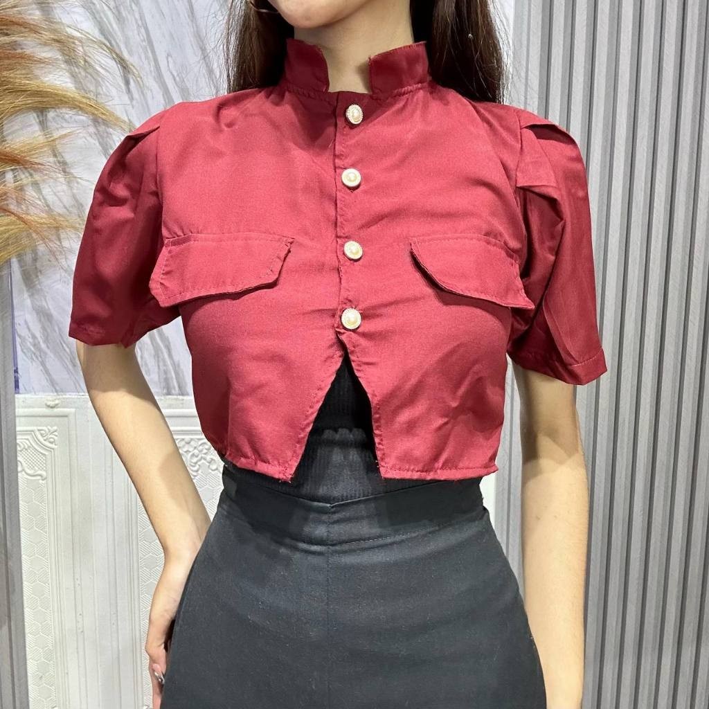 W & K - ZRX BLOUSE CROP WANITA NINA / SOFIE TOP CROP / OOTD Crop Kemeja kekinian / Kemeja Lengan Pen