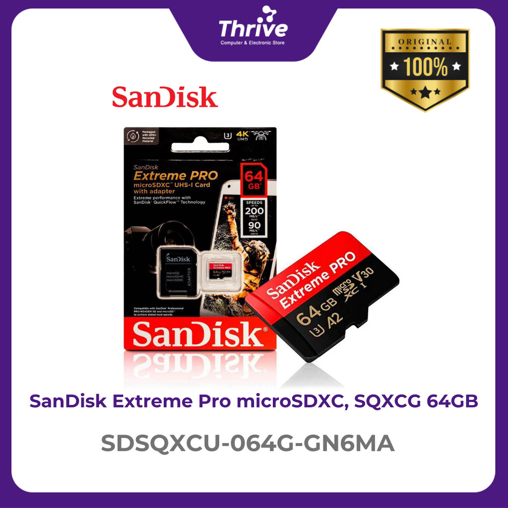 SanDisk Extreme Pro microSDXC, SQXCU 64GB, V30, U3, C10, A2, UHS-I, 200MB/s R, 90MB/s W, 4x6, SD ada