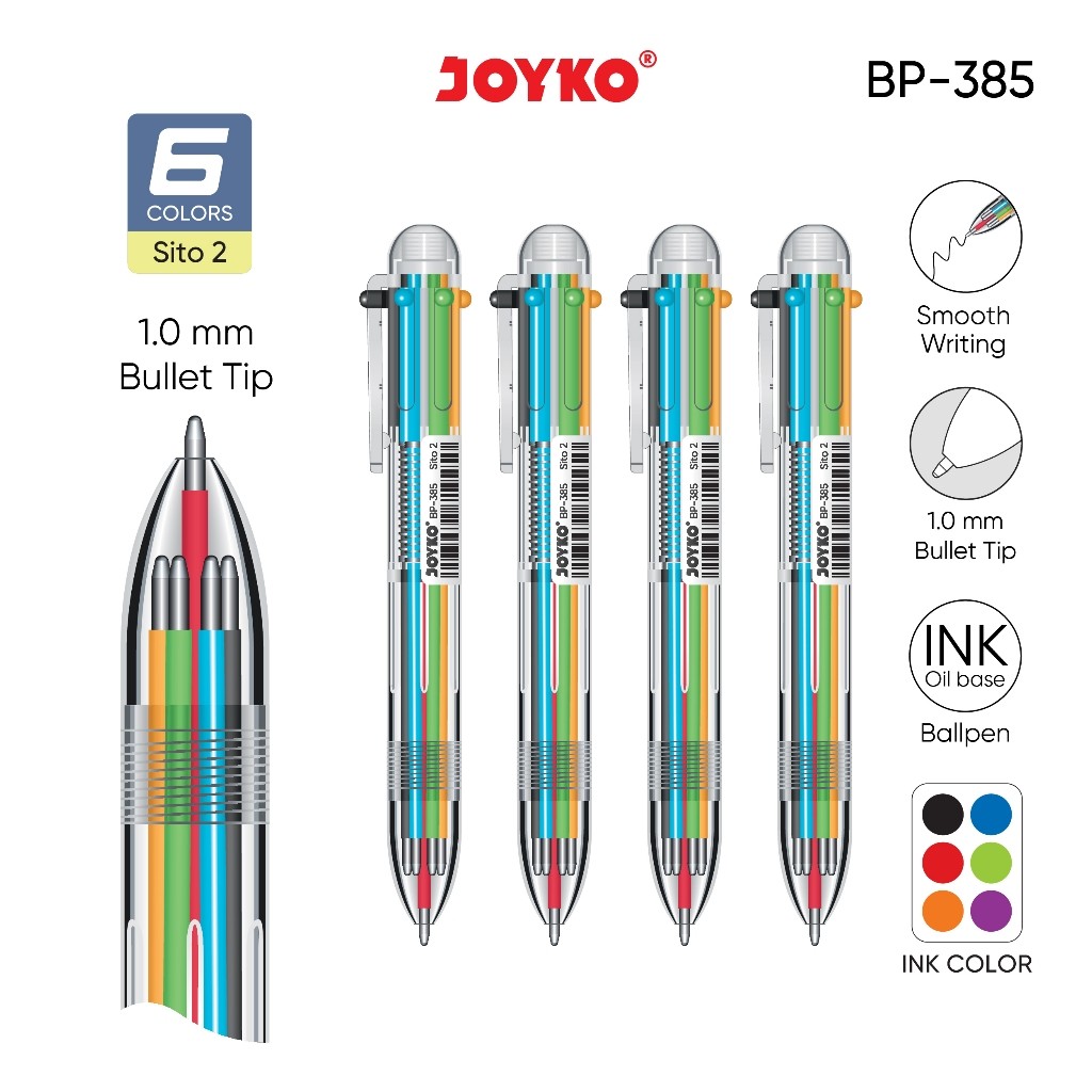 

Ball Pen Pulpen Pena Joyko BP-385 Sito 2 1.0 mm 6 Warna Colors