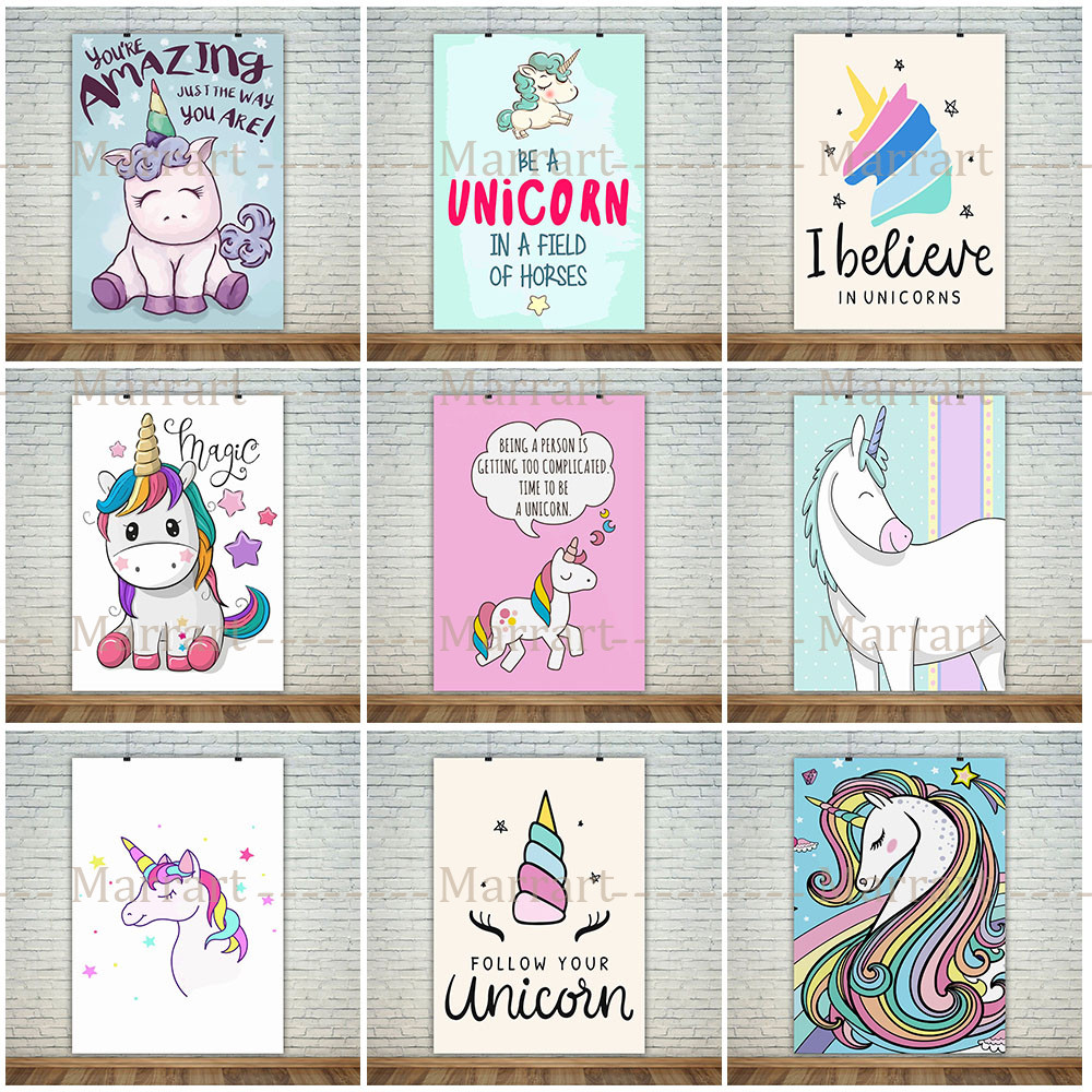 

Rainbow Unicorn Cute Cartoon Nursery Poster And Print Baby Girl Room Gift Wall Art Canvas Painting For Kid's Room Decoration