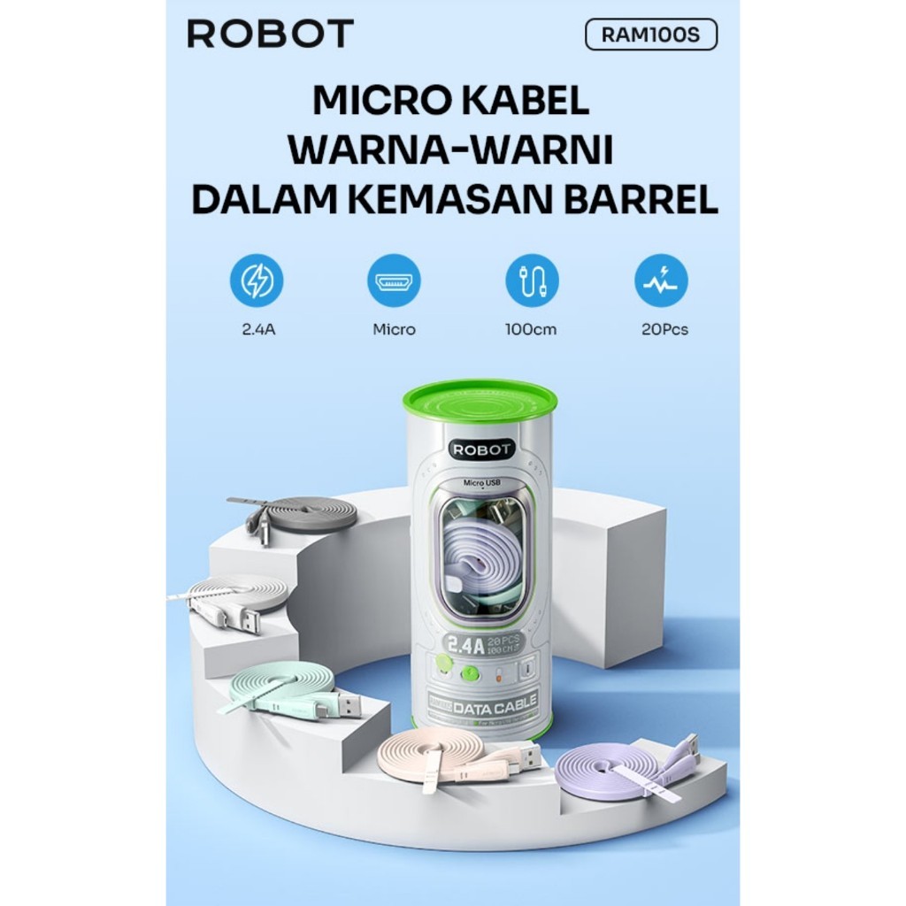 ROBOT RAM100 / RAC100 / RAL100 2.4A 1Meter 1 TOPLES ISI 20 PCS FAST CHARGING KABEL CAS ROBOT GEPENG 