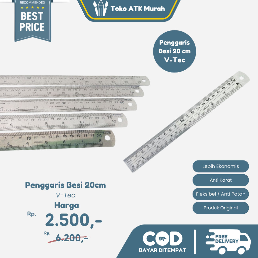 

Penggaris Panjang 20cm Besi V-Tec Stainless Steel Ruler 20 cm Garisan Stain Besi Anti Karat