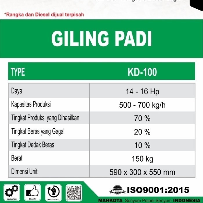 Mesin Giling Padi MAHKOTA KD 100 + Mesin Diesel 16hp Siap Pakai - TANPA MESIN