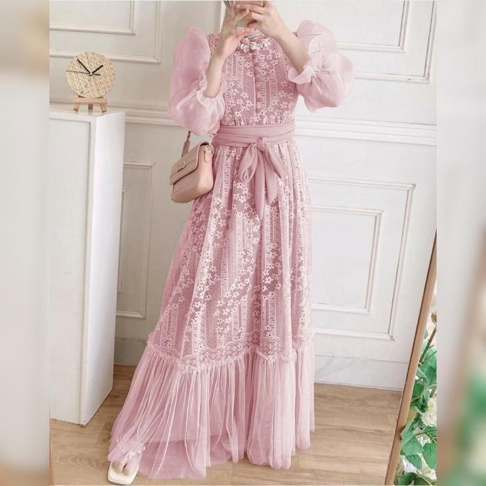 Dress Inara Brukat Kondangan Dress Wanita Muslim Kondangan Dress muslimah COD - MOCCA, M