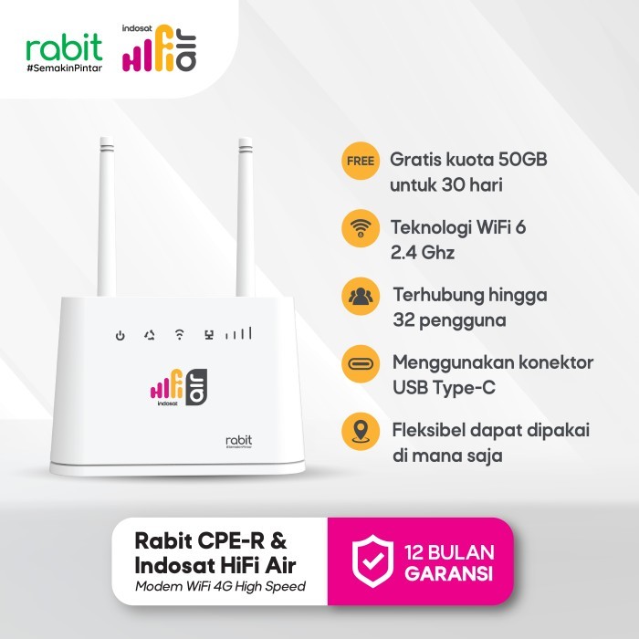 MODEM RABIT CPE-R MODEM ROUTER WIFI 4G LTE INDOSAT HIFI AIR ROUTER WIFI 6 USB TYPE C FREE KUOTA