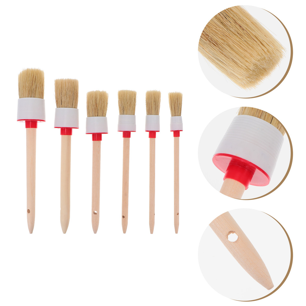 

6 Pcs Paint Brush Car Detailing Bristle Varnish Painting Bristles Wood Handle Round Head Cleaning Durable