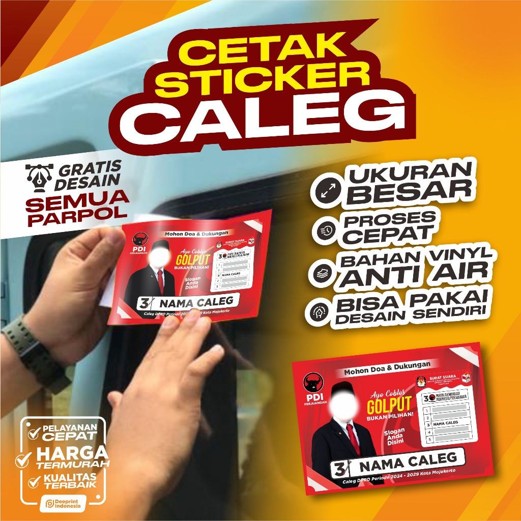 

Stiker Caleg Stiker Pemilu Stiker Partai Stiker Kampanye Bahan Vinyl Anti Air Ukuran Besar Termurah