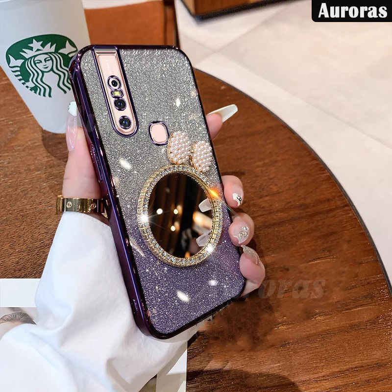 Untuk Vivo V19 V17 V15 V11i V9 Phone Case Pearl Butterflies Vogue Makeup Mirror Glitter Shiny Bumper