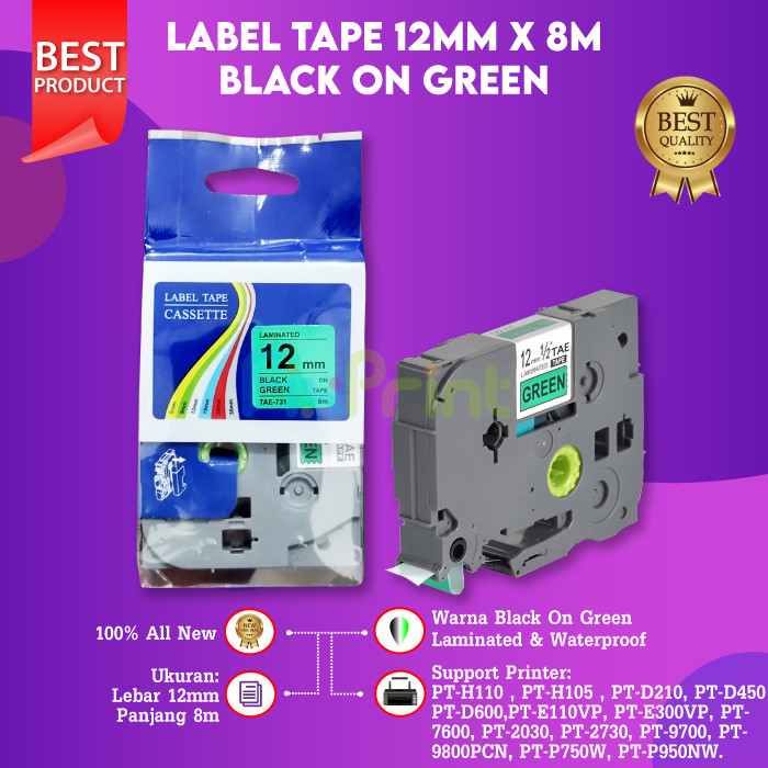 

FixPrint Compatible Label Tape Laminated TZE-731 12mm X 8m Black On Green Cassette Printer Bro PT-H110 PT-D210 PT-D450 PT-E110VP PT-E300VP PT-P950NW