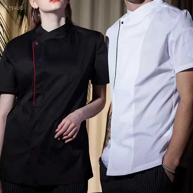 jaket ziper baju koki chef style resto hotel seragam kerja unisex barista kopi - Hitam, M
