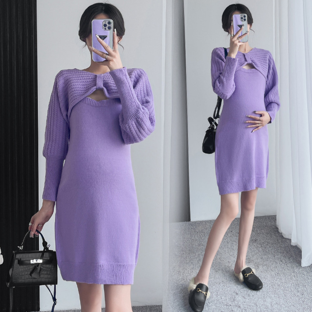 Pregnant Women clothing Fake Two Piece Dress Set Long Sleeve Maternity Dress Fashion Sweater vestido