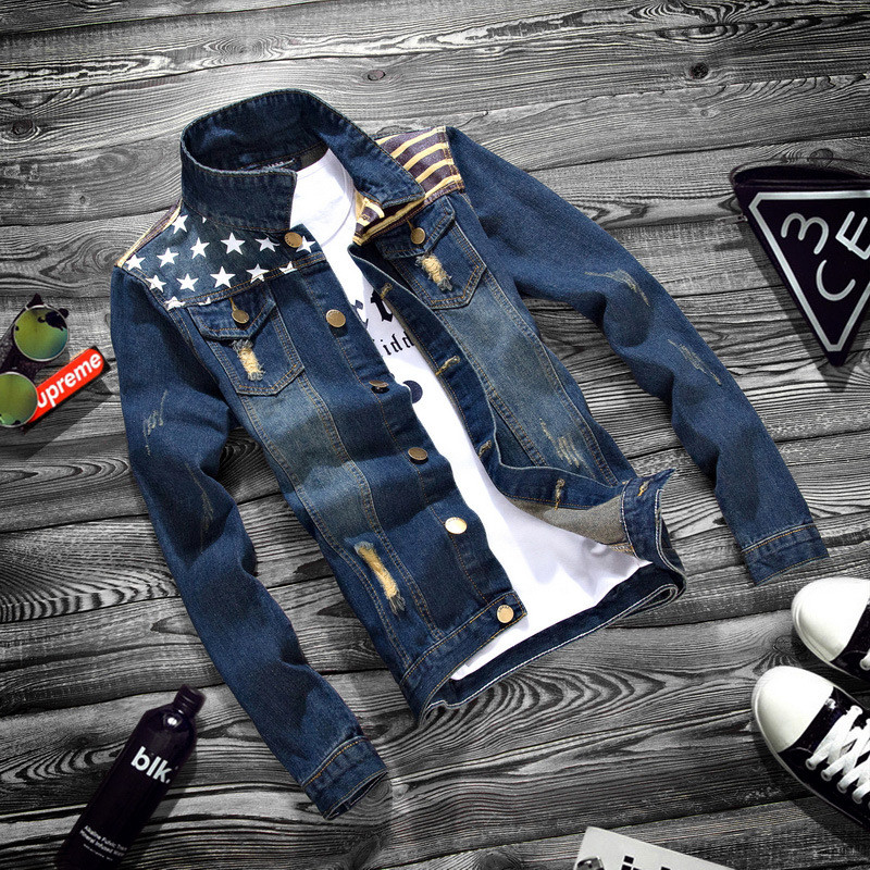 Wholesale 2020 Men's spring jacket men's Korean USA Flag printed hole lapel denim jacket hombre men'