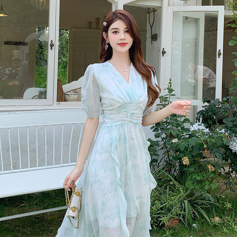 Gaun Sifon/Gaun Cetak Mekar Vintage