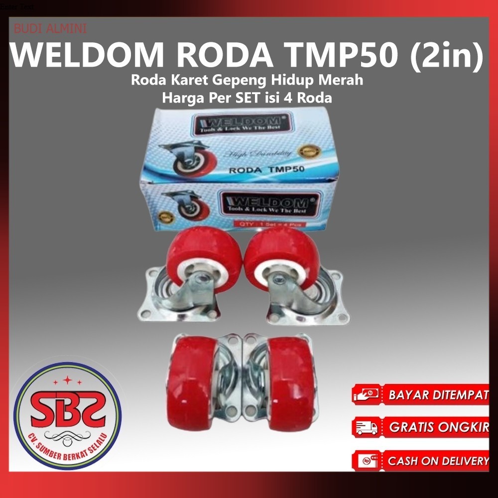 WELDOM Roda Karet Hidup Merah 2 inchi isi 4 pcs / Roda Karet Gepeng Hidup Merah Weldom (Roda Bundar 