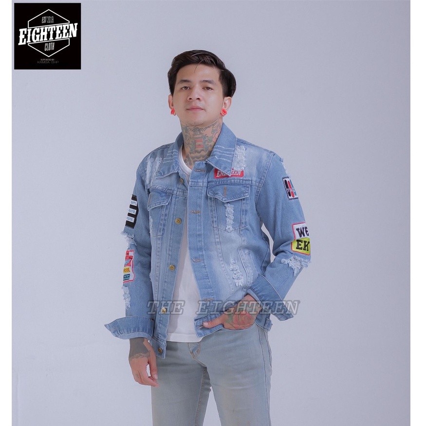 JAKET DENIM SOBEK MODEL EMBLEM FULL BORDIR EIGHTEEN ATASAN JEANS PRIA FASHION TERLARIS